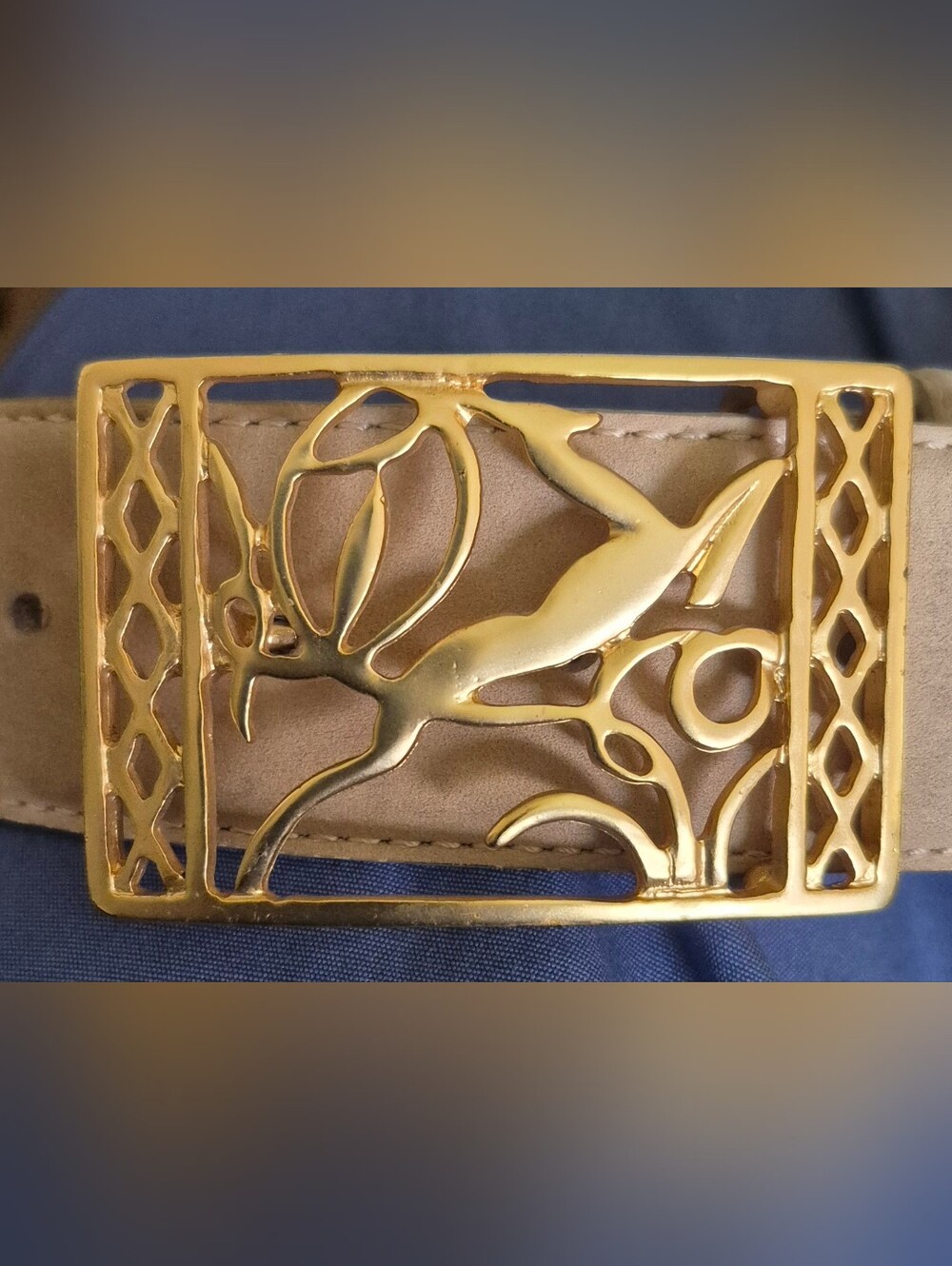 Vintage Anne Klein II Suede Leather Belt, Art Deco Gold Leaping Gazelle